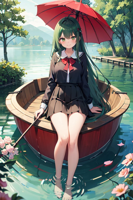 Masterpiece,  high quality,  One girl(legs inside lake),  green long hair,  gold eyes,  medium breast,  shy smile,  shirt (red ),  skirt( black), umbrella,  flowers ornaments,  background ( night,  big lake, trees, boat on lake)