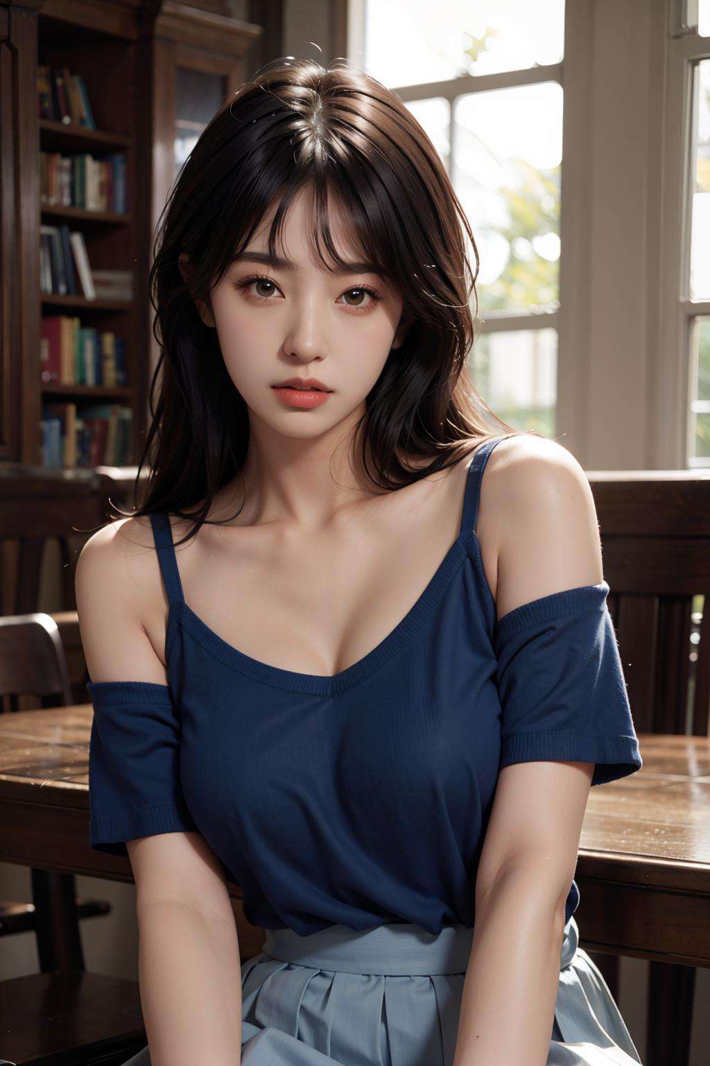 1girl,solo,(lshort-sleeved JK_sailor),JK_style,(dark blue JK_skirt),(bow JK_tie),(Inside the library:1.2),realistic,fully body,black hair,long hair,black eyes,lips,parted lips,collarbone,bare shoulders,portrait,nose,Best quality,masterpiece,ultra high res,(photorealistic:1.4),raw photo,  <lora:tianfeng_filmgirls5:1>