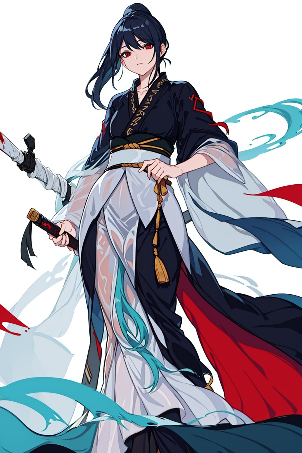 (masterpiece:1.3),(the best quality:1.2),(super fine illustrations:1.2),(Masterpiece),high quality,high detail,(white background:1.2),looking at viewer,(SOLO:1.4),outline,simplebackground,, weapon,blood,red eyes,hair ornament,hakama skirt,blood on clothes,kimono,dress,shiny hair,collarbone,holding sword,bangs,hanfu,blue eyes,floating hair,blue hair,long sleeves,ponytail,chinese clothes,japanese clothes,wide sleeves,very long hair