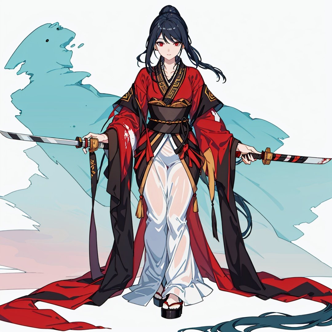 (masterpiece:1.3),(the best quality:1.2),(super fine illustrations:1.2),(Masterpiece),high quality,high detail,(white background:1.2),looking at viewer,(SOLO:1.4),outline,simplebackground,, weapon,blood,red eyes,hair ornament,hakama skirt,blood on clothes,kimono,dress,shiny hair,collarbone,holding sword,bangs,hanfu,blue eyes,floating hair,blue hair,long sleeves,ponytail,chinese clothes,japanese clothes,wide sleeves,very long hair