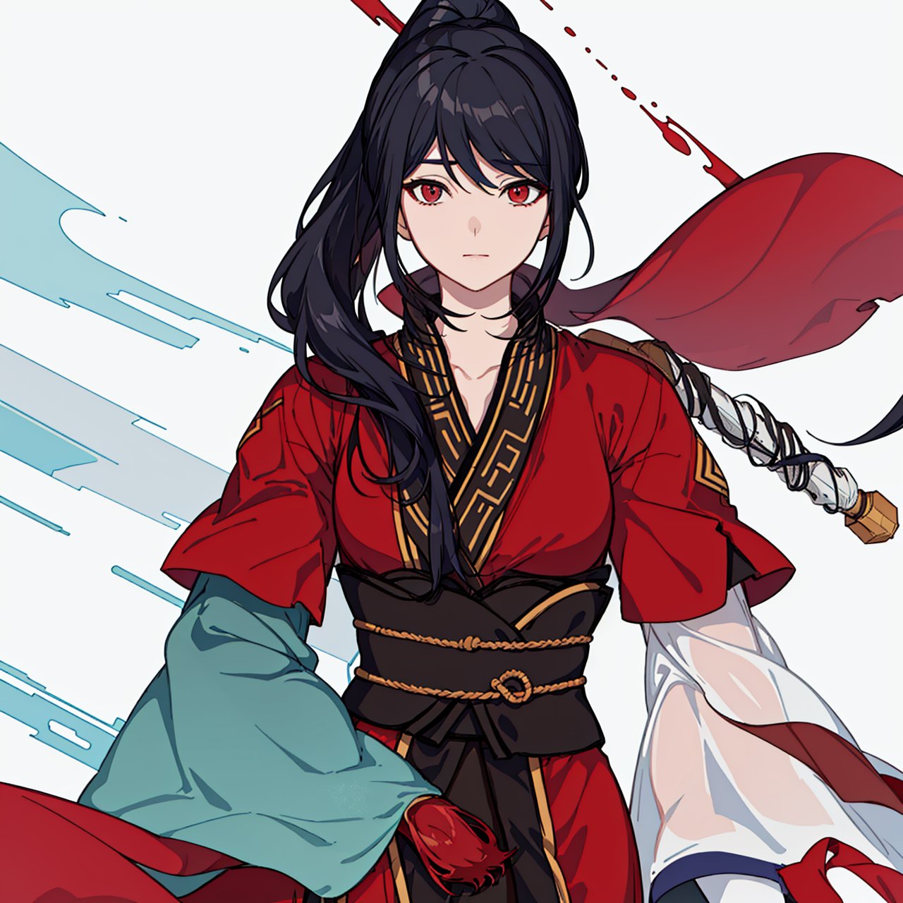  (masterpiece:1.3),(the best quality:1.2),(super fine illustrations:1.2),(Masterpiece),high quality,high detail,(white background:1.2),looking at viewer,(SOLO:1.4),outline,simplebackground,, weapon,blood,red eyes,hair ornament,hakama skirt,blood on clothes,kimono,dress,shiny hair,collarbone,holding sword,bangs,hanfu,blue eyes,floating hair,blue hair,long sleeves,ponytail,chinese clothes,japanese clothes,wide sleeves,very long hair