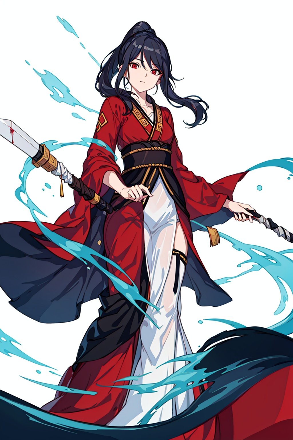  (masterpiece:1.3),(the best quality:1.2),(super fine illustrations:1.2),(Masterpiece),high quality,high detail,(white background:1.2),looking at viewer,(SOLO:1.4),outline,simplebackground,, weapon,blood,red eyes,hair ornament,hakama skirt,blood on clothes,kimono,dress,shiny hair,collarbone,holding sword,bangs,hanfu,blue eyes,floating hair,blue hair,long sleeves,ponytail,chinese clothes,japanese clothes,wide sleeves,very long hair