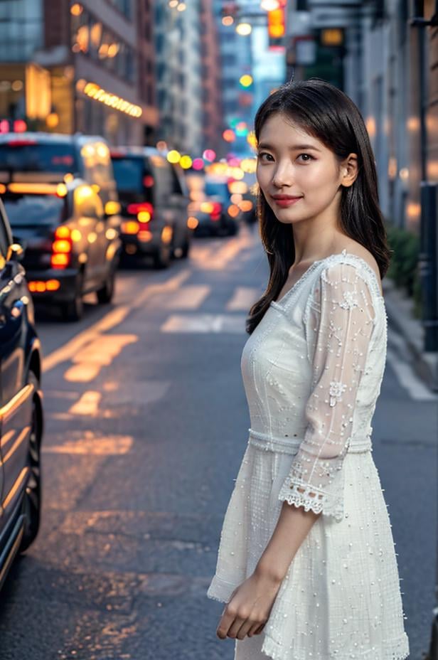 Fujifilm XT3, close up photo, masterpiece, best quality, (((1girl))), solo, realistic, (bokeh:1.5), (intricate, highly detailed:1.2), ((looking at viewer)), photorealistic, (extremely detailed face), looking at viewer, ((ultra-detailed eyes and pupils)), ultra detailed, smile, dress, (standing against a street at night), (night:1.5), <lora:suzylorashy:1>