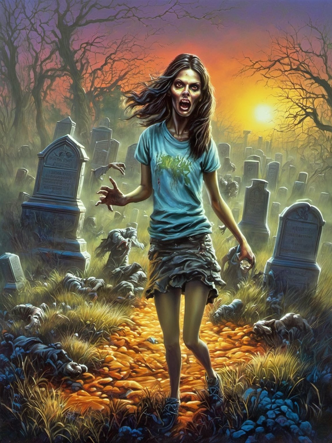 tim jacobus style painting of a girl, cornered by zombies, located in a graveyard:1.4, extensive color palette, balance of warm and cool tones, visually appealing, detailed shading and lighting, depth, soft shadows, bright highlights, Utilize classic oil painting techniques to paint a horrifying picture.