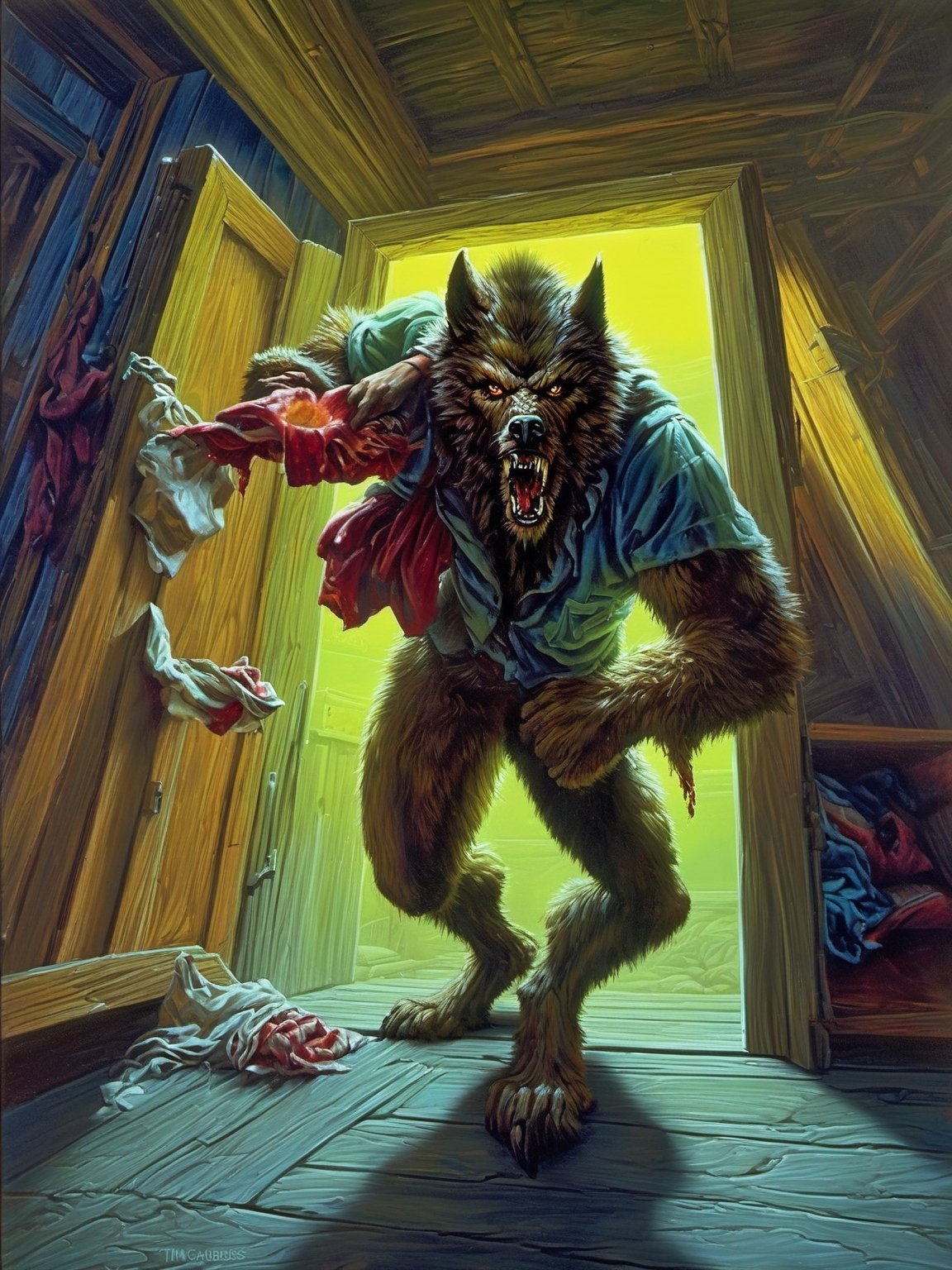 tim jacobus style painting of a werewolf, eatin a girl, located in a school:1.4, extensive color palette, balance of warm and cool tones, visually appealing, detailed shading and lighting, depth, soft shadows, bright highlights, Utilize classic oil painting techniques to paint a horrifying picture.