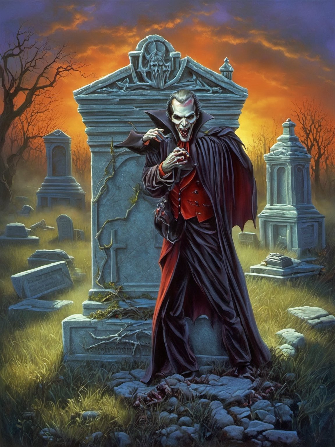 tim jacobus style painting of sexy vampire, doing something terrifying, located in a graveyard:1.4, extensive color palette, balance of warm and cool tones, visually appealing, detailed shading and lighting, depth, soft shadows, bright highlights, Utilize classic oil painting techniques to paint a horrifying picture.