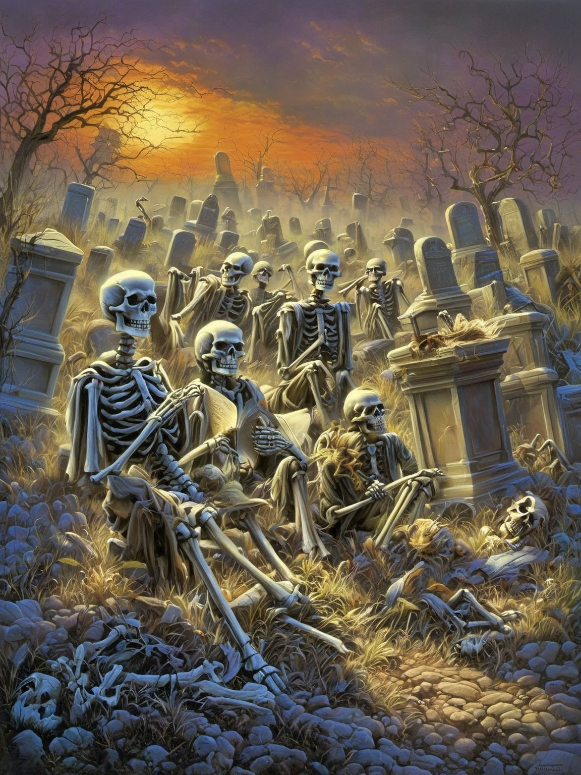 tim jacobus style painting of many-skeletons, doing something terrifying, located in a graveyard:1.4, extensive color palette, balance of warm and cool tones, visually appealing, detailed shading and lighting, depth, soft shadows, bright highlights, Utilize classic oil painting techniques to paint a horrifying picture.