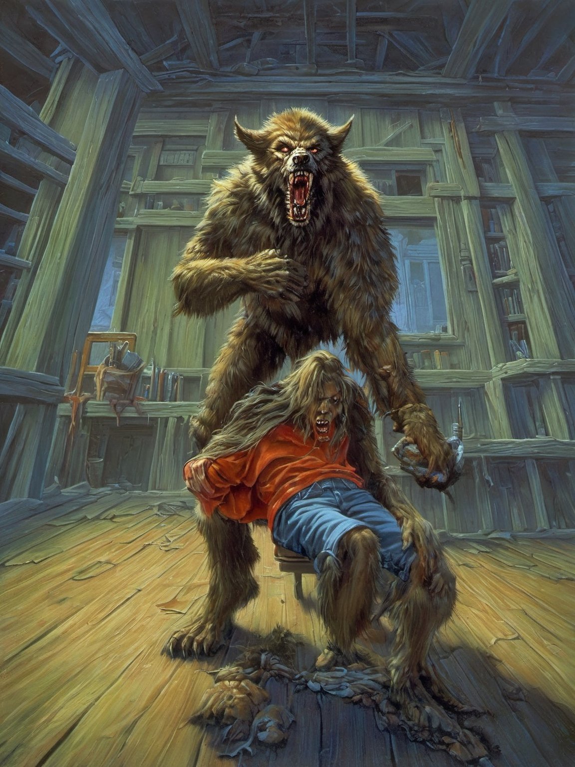 tim jacobus style painting of a werewolf, eatin a girl, located in a school:1.4, extensive color palette, balance of warm and cool tones, visually appealing, detailed shading and lighting, depth, soft shadows, bright highlights, Utilize classic oil painting techniques to paint a horrifying picture.