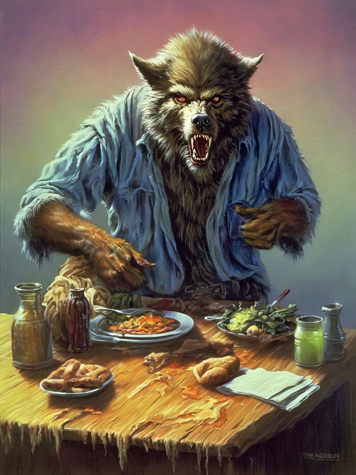 tim jacobus style painting of a werewolf, eatin a girl, located in a school:1.4, extensive color palette, balance of warm and cool tones, visually appealing, detailed shading and lighting, depth, soft shadows, bright highlights, Utilize classic oil painting techniques to paint a horrifying picture.