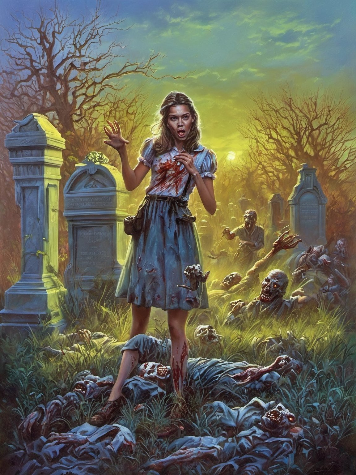 tim jacobus style painting of a girl, cornered by zombies, located in a graveyard:1.4, extensive color palette, balance of warm and cool tones, visually appealing, detailed shading and lighting, depth, soft shadows, bright highlights, Utilize classic oil painting techniques to paint a horrifying picture.