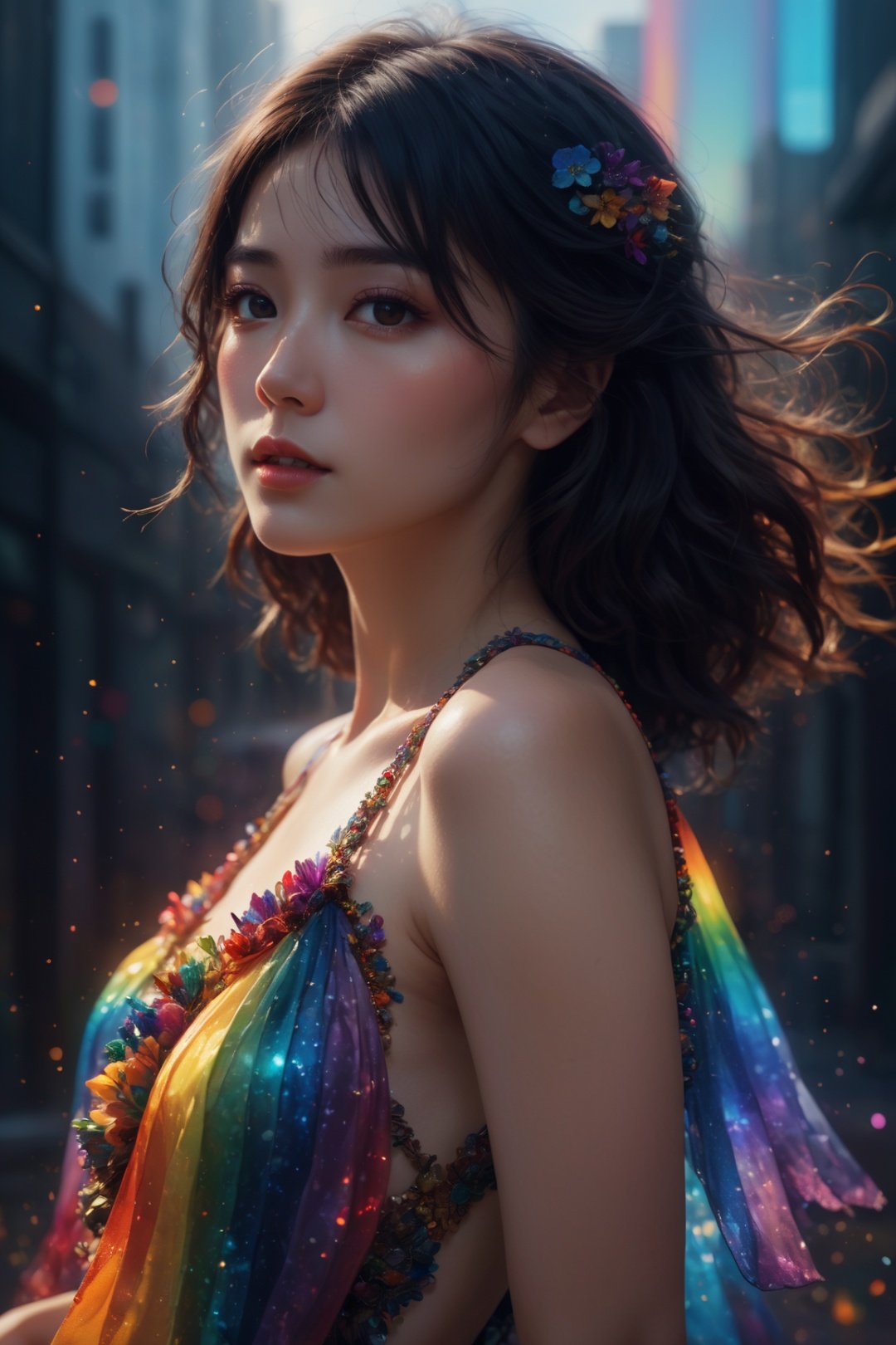  textured skin,Masterpiece,realistic,best quality,(in the style of Kawacy:1.1), of glitch burning ice,8k,small breasts,black hair,rainbow dress,(Zooey Deschanel:0.4),octane render masterpiece,masterpiece scale,beautiful depth of field,ultra wide field,ultra detailed CG perspective,ultra dynamic lighting amazing shadows,dramatic lighting,(by Agnes Cecile:0.9),(intricate details:1.1),(intricate details, hyperdetailed:1.3),Beautiful dynamic dramatic dark moody lighting,volumetric,shadows,cinematic atmosphere,Octane render,8K,professional,highly detailed,desaturated,35mm photo,grainy,vignette,vintage,Kodachrome,Lomography,stained,highly detailed,found footage, rainbow girl, 1girl, guangying on face