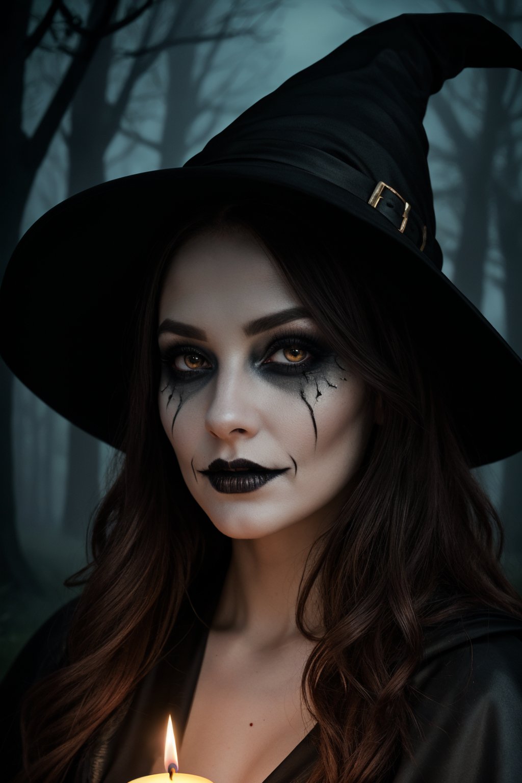 sexy, witch, halloween costume, creepy, spooky, halloween makeup, medium:1.2, [detailed], [dark forest], (best quality, 4k, 8k, highres, masterpiece:1.2), ultra-detailed, (realistic, photorealistic, photo-realistic:1.37), HDR, UHD, studio lighting, ultra-fine painting, sharp focus, physically-based rendering,  extreme detail description, professional, vivid colors, bokeh, [witch hat], [long flowing hair], [candlelight], [dark eye makeup], [scary atmosphere], [mysterious smile], [black cape], horror, colourful, low key lighting, [haunting], gothic, nighttime, magic, <lora:EMS-59722-EMS:0.800000>