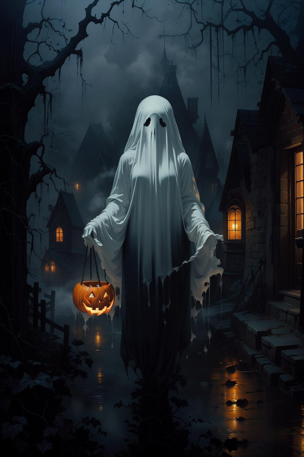 woman, adult, solo, night village, stars, fog, gothic and Halloween atmosphere, masterpiece, high quality, best quality, detailed, perfect lighting, detailed face, detailed body, (detailed eyes), clear eyes, colorful, full body, <lora:md:0.8>, ghost, ghost costume