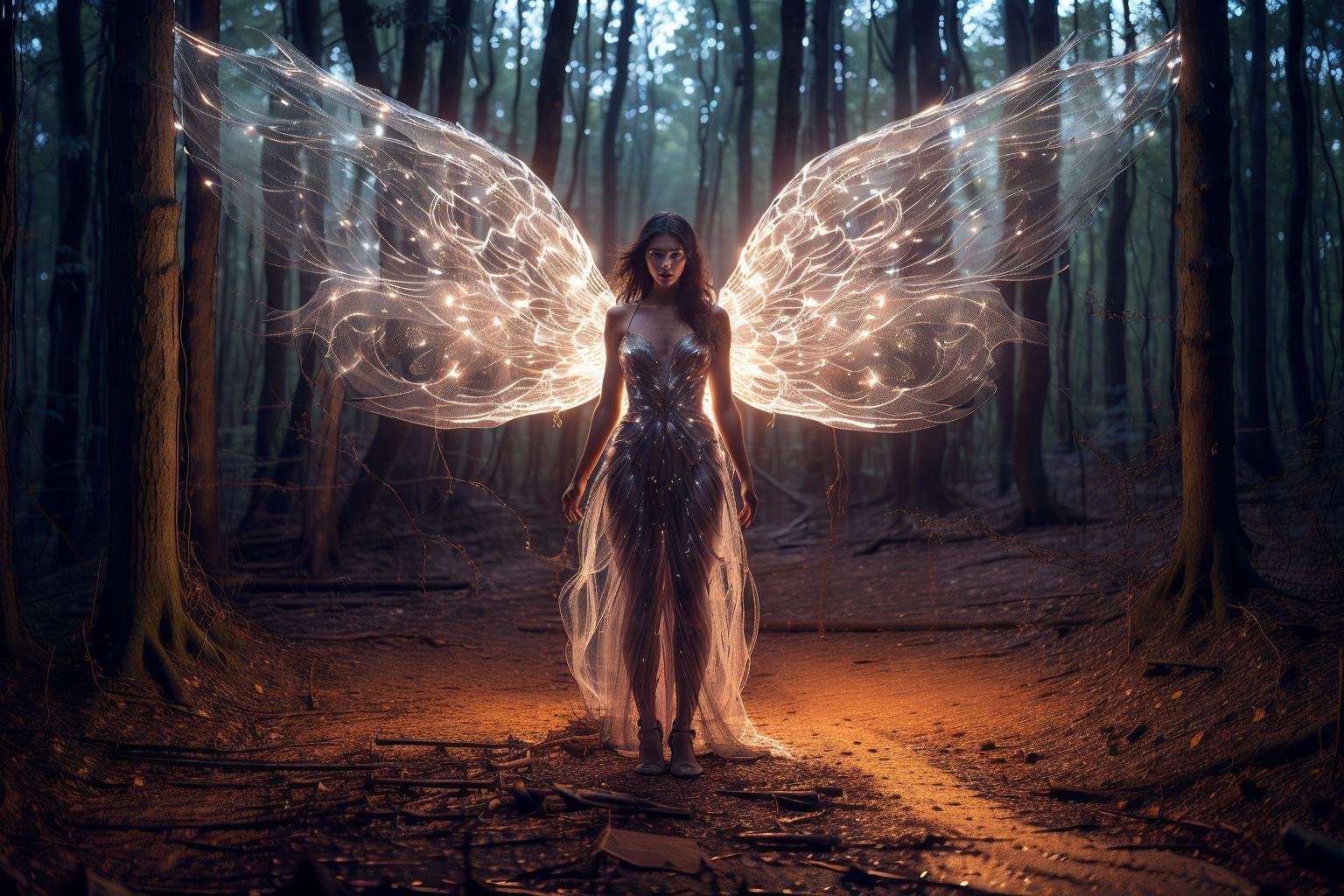 photorealistic,realistic,photography,masterpiece,best quality,ultra-detailed,1girl,<lora:md_20230904103802-000008:0.8>,red dress,Glowing wings,forest,