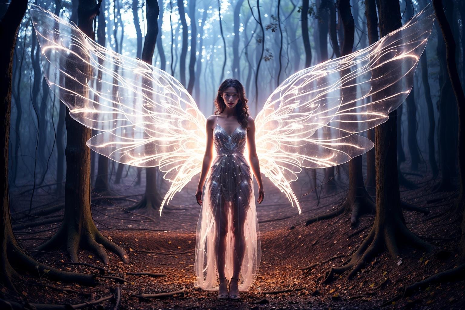 photorealistic,realistic,photography,masterpiece,best quality,ultra-detailed,1girl,Glowing wings,pink wings,dress,wings,<lora:md_20230904103802-000008:0.7>,forest,