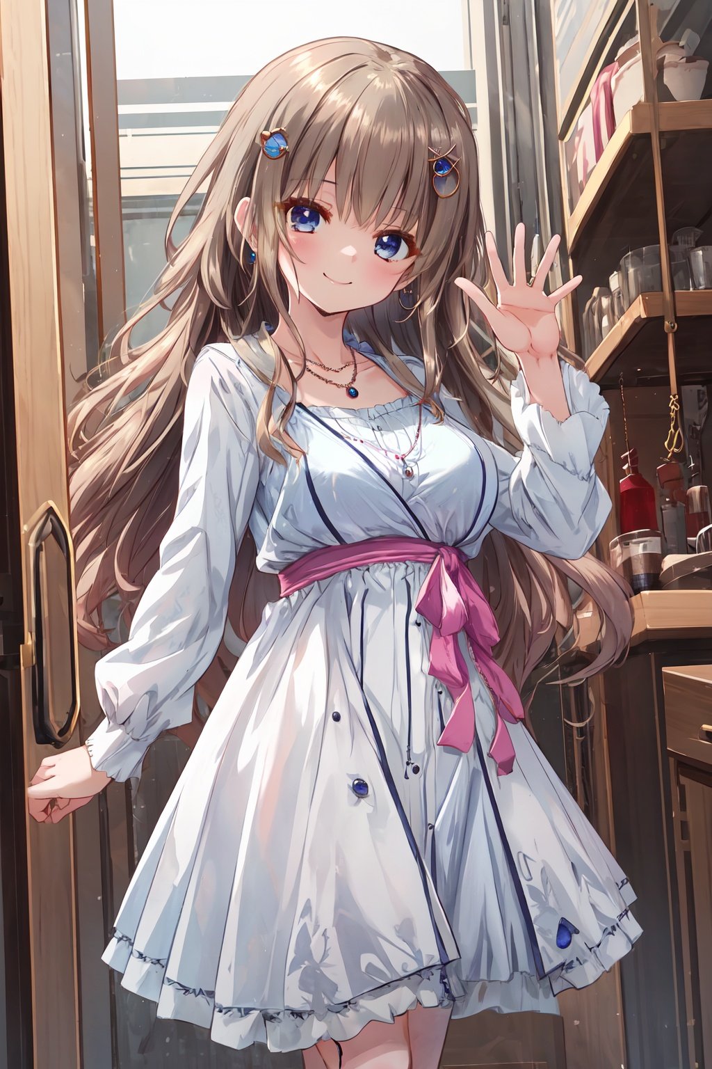 masterpiece, best quality,1girl, jewelry, necklace, waving, long hair, smile , dress, solo, breasts, closed mouth, eyebrows visible through hair, long sleeves, hair ornament, looking at viewer, brown hair, blue eyes, white dress, bangs, hairclip,<lora:NAIV2_miyako:0.8>