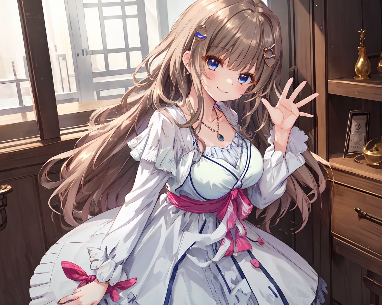 masterpiece, best quality,1girl, jewelry, necklace, waving, long hair, smile , dress, solo, breasts, closed mouth, eyebrows visible through hair, long sleeves, hair ornament, looking at viewer, brown hair, blue eyes, white dress, bangs, hairclip,<lora:NAIV2_miyako:0.75>