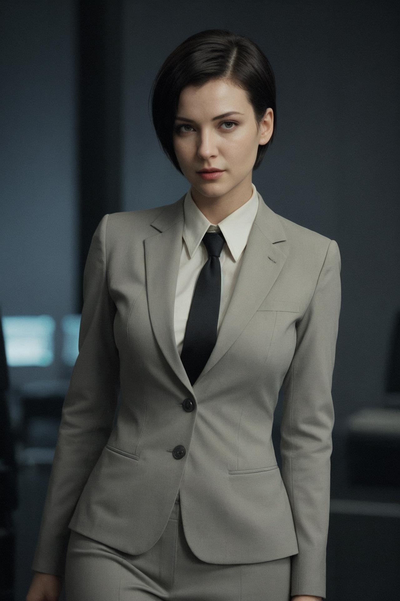 the matrix, business suit, short hair, beautiful female agent, soft_lighting