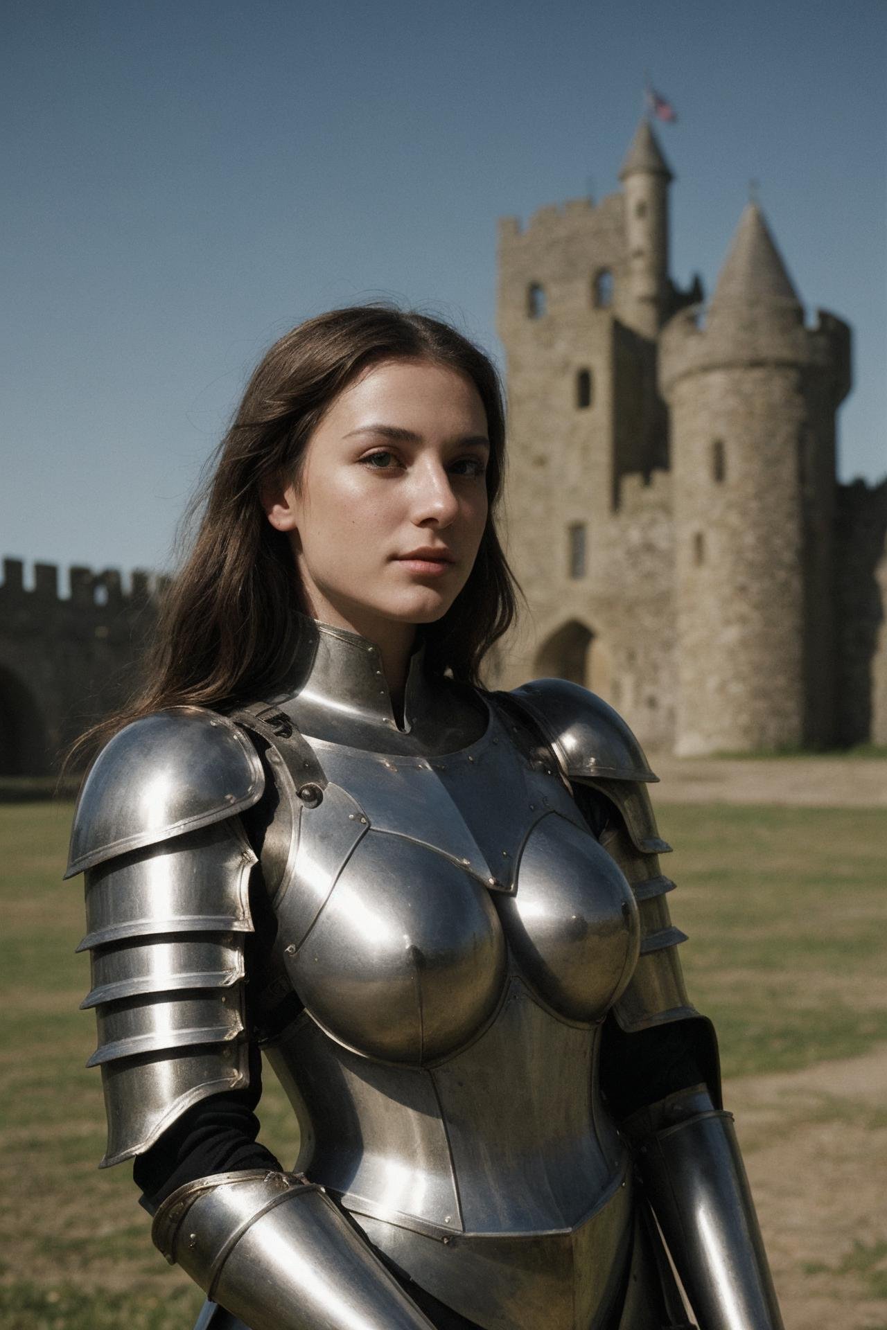 portrait of the most beautiful woman in the world, (medieval armor), metal reflections, upper body, outdoors, intense sunlight, far away castle