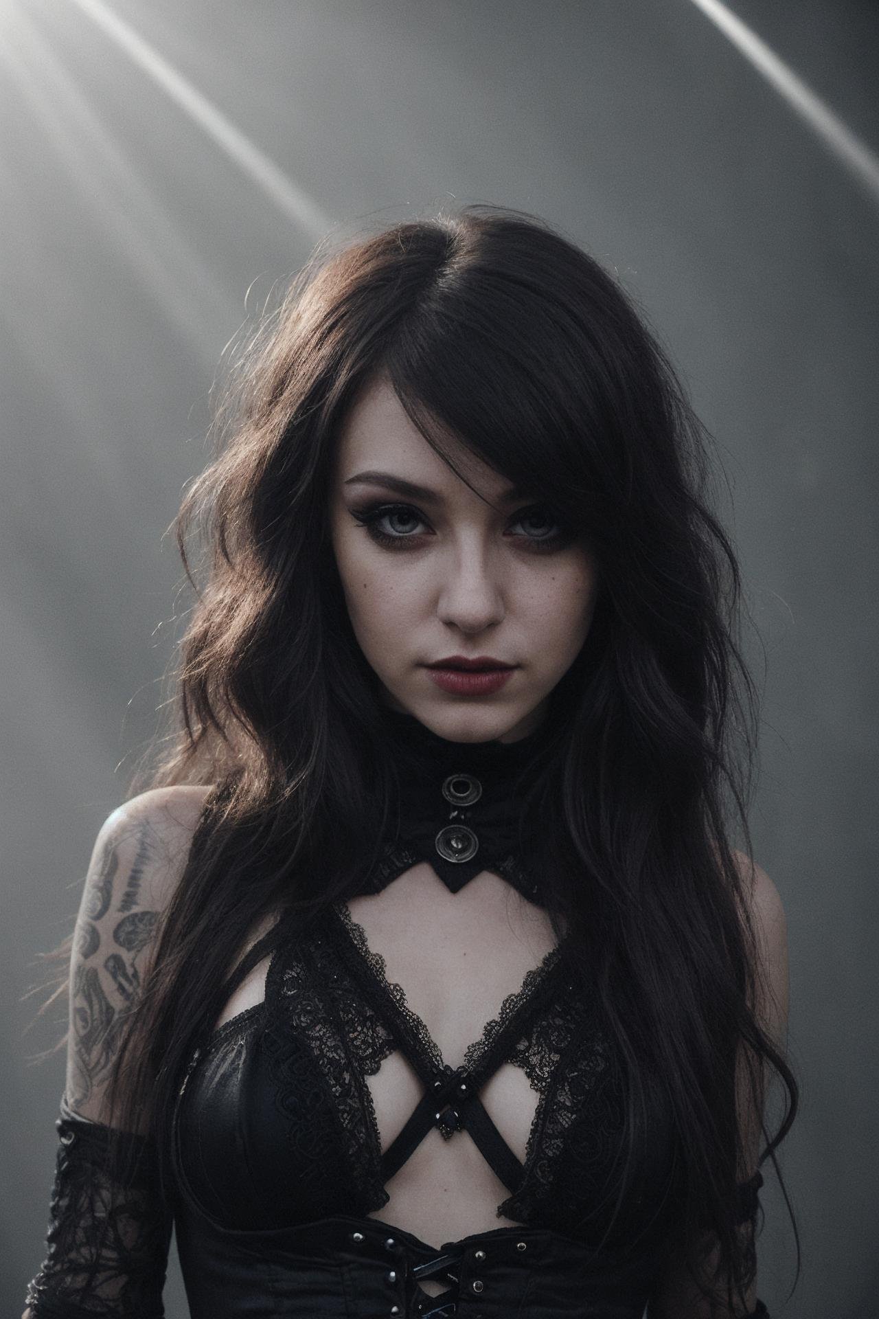 an eye contact of a rocker girl with fancy hair and dark dress, flash photo, sunlight, intricate details