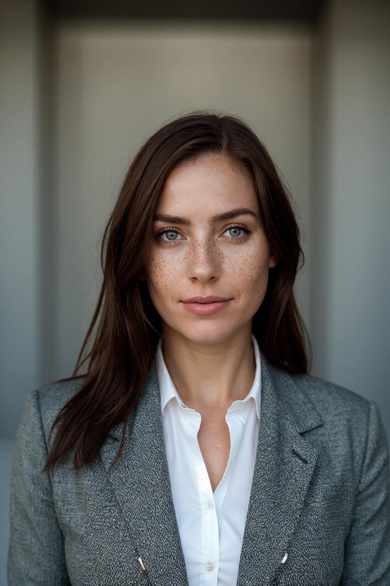 wide-shot, a woman, (freckles:0.9), depth of field, business woman