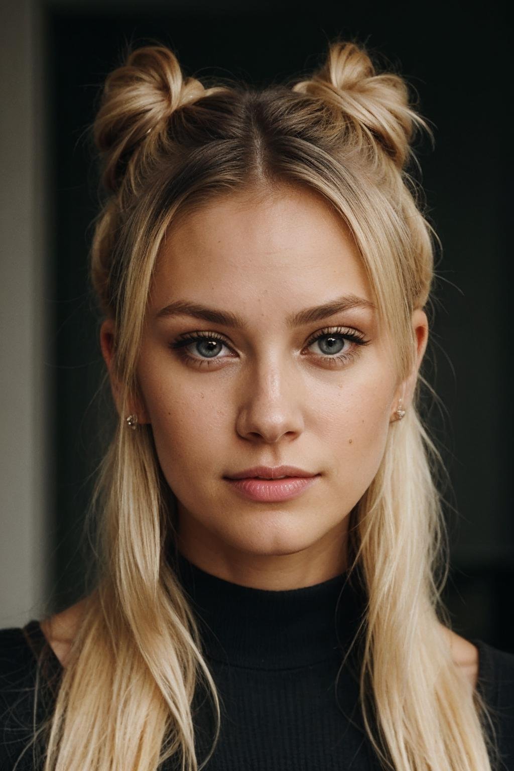 an eye contact of a blond with bun hair and dark theme