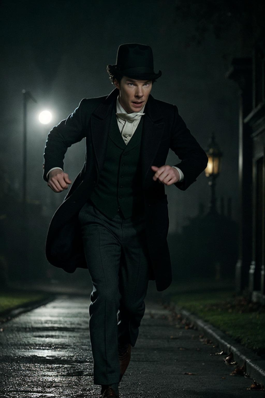 (Benedict Cumberbatch:1.1) as Sherlock Holmes, hat, running away from a ghost. blurry, movie still.