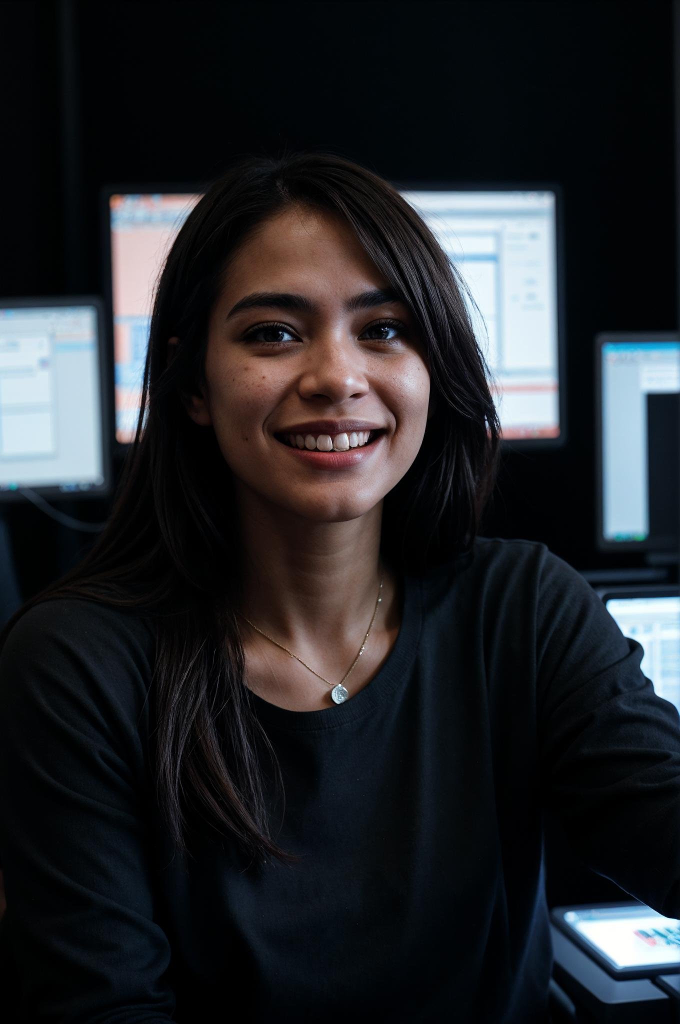 A female social worker having fun in a dark room surrounded by computer screens, poor quality photo, blurry, (smiling:0.5), (soft lighting, high detailed skin:1.1)