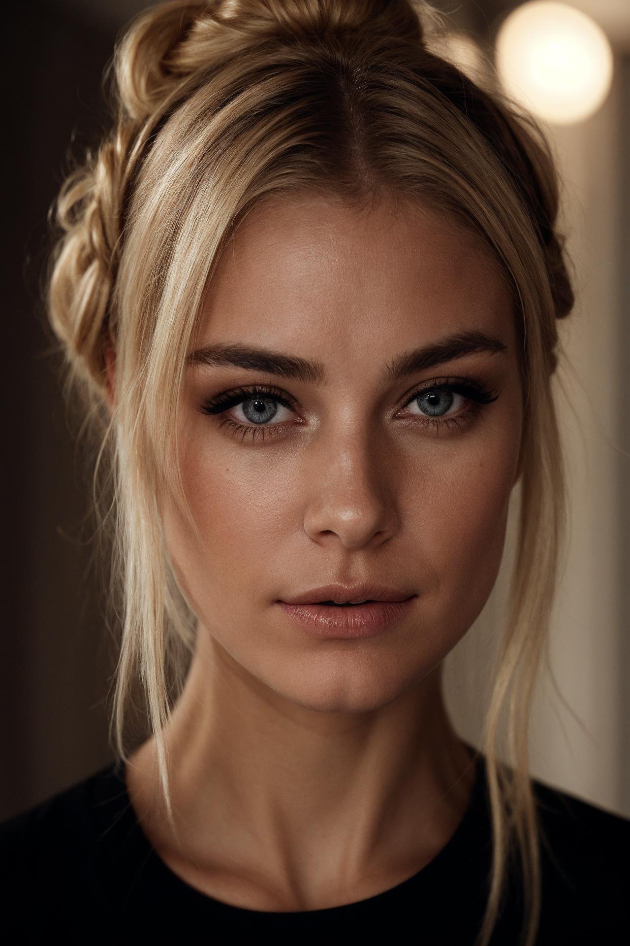 an eye contact of a blond with bun hair and dark theme