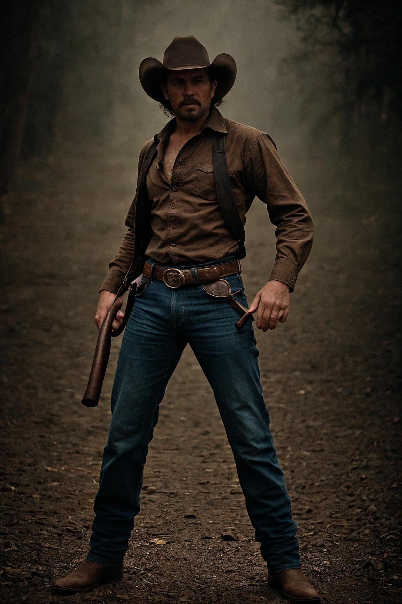 cinematic full body portrait of a cowboy, action pose