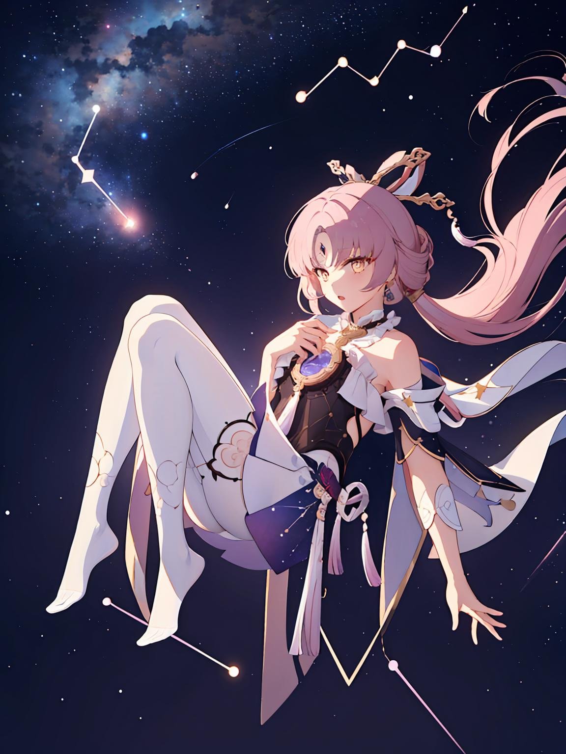 ((masterpiece,best quality)), highres, 1girl, fuxuan, white pantyhose, full body, starry sky, constellation, (falling:1.4), floating hair, 