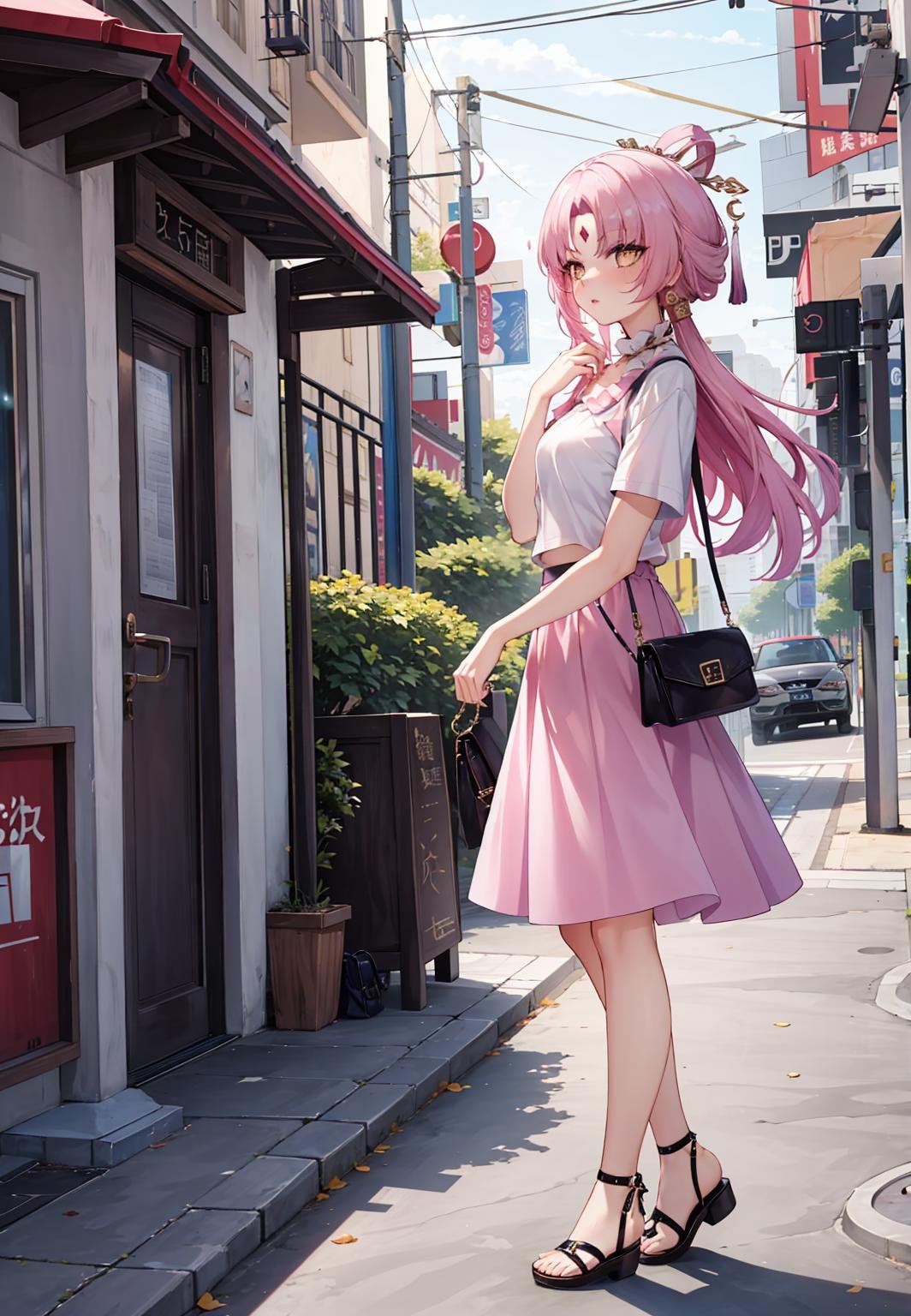 ((masterpiece,best quality)), highres, 1girl, fuxuan, shirt, short sleeves, midi skirt, bare legs, sandals, handbag, walking, street, from side, 