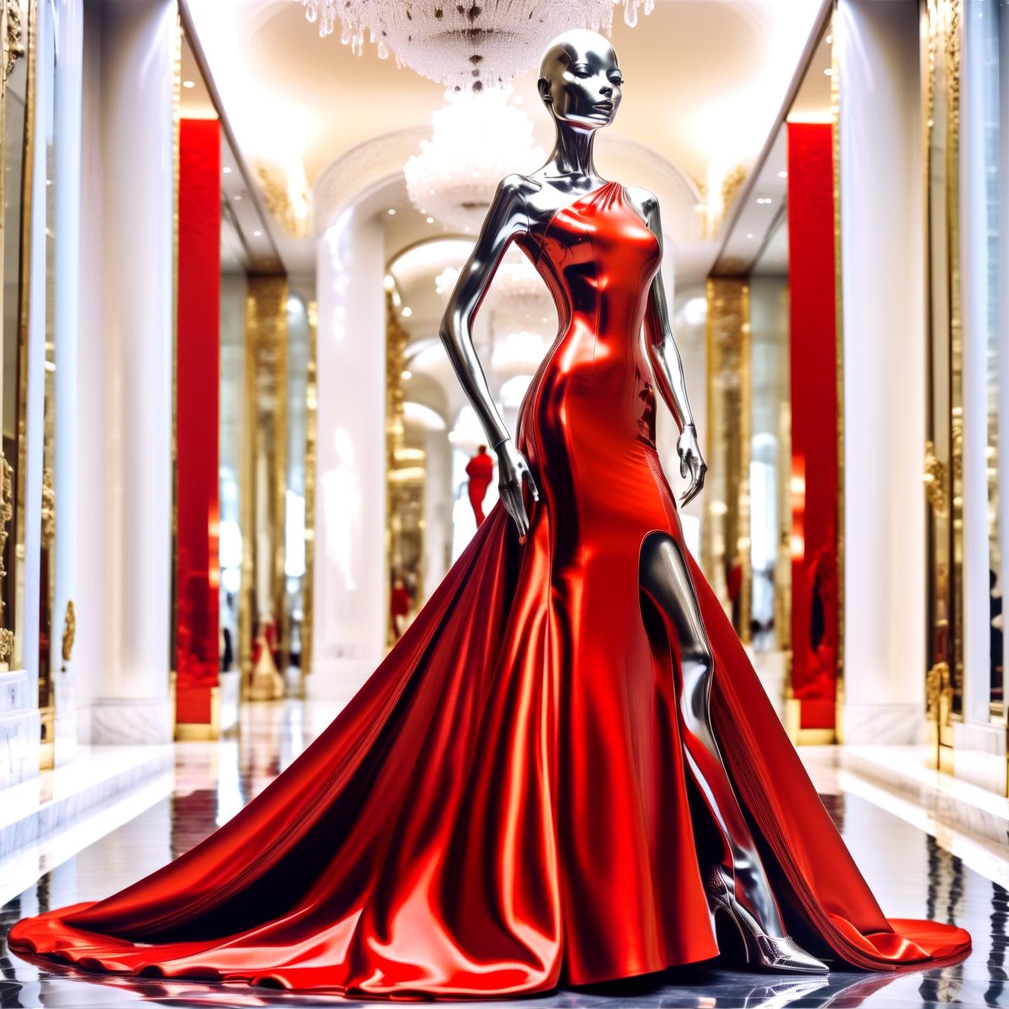 Haute Couture Fashion a 1girl, chrome skin, wearing a red dress,,, Haute Couture Fashion, often for custom-fitted clothing, luxurious materials, or high-end design.