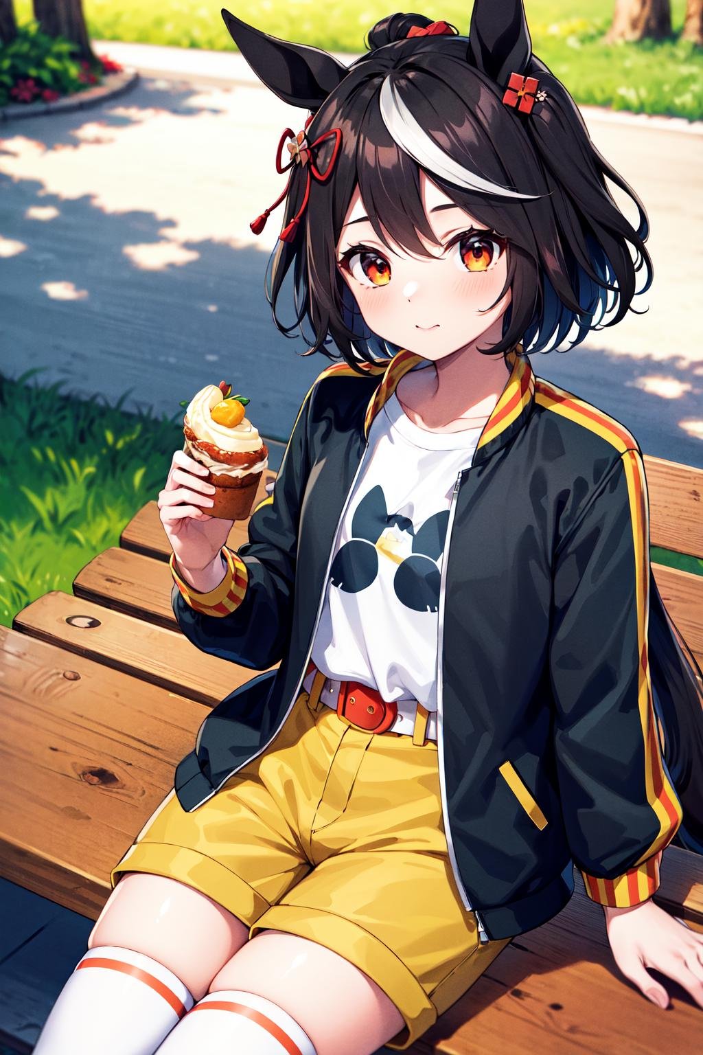 masterpiece, best quality, highres, bbkitasan, animal ears, short hair, streaked hair, hair ornament, horse tail, casual, collarbone, black jacket, white shirt, print shirt, belt, yellow shorts, black thighhighs, aged down, <lora:kitasan_black_v1:0.7>, sitting, bench, outdoors, food, eating