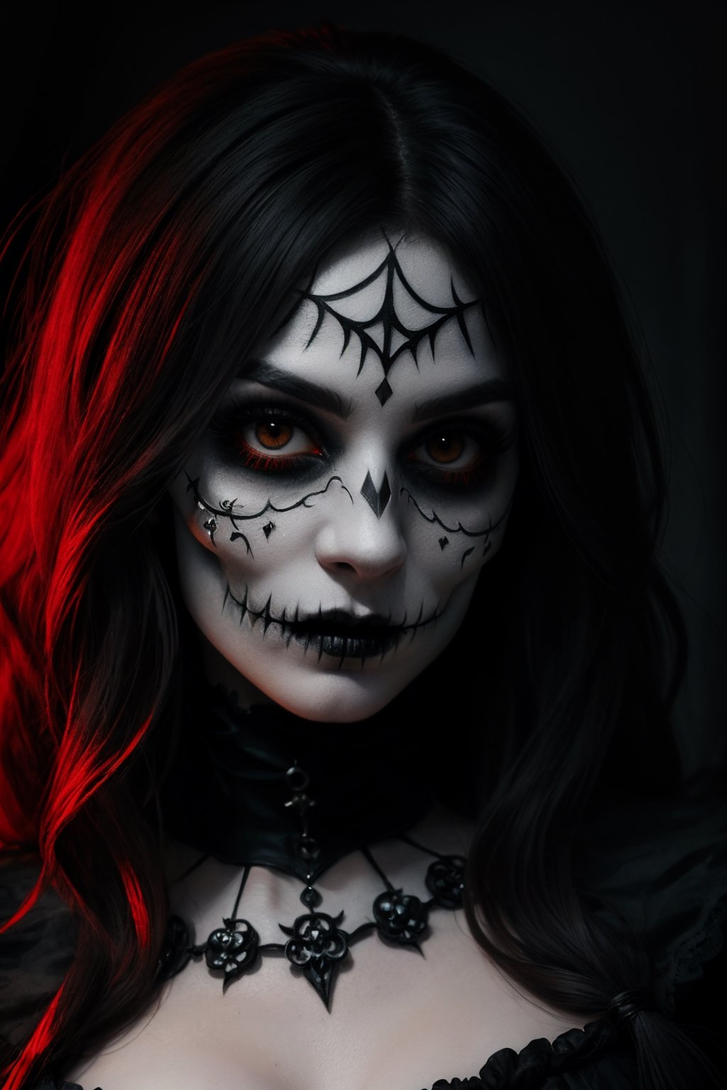 (best quality,ultra-detailed,realistic:1.37),dark atmosphere,expressive eyes,dramatic lighting,pale skin,gothic background,portraits,fantasy,horror,red and black color palette,skull accessories,artistic interpretation,sinister smile,hauntingly beautiful,witchy vibes,fearful expression,long wavy hair,ethereal look,mysterious ambiance,deadly charm,macabre beauty,creepy elegance