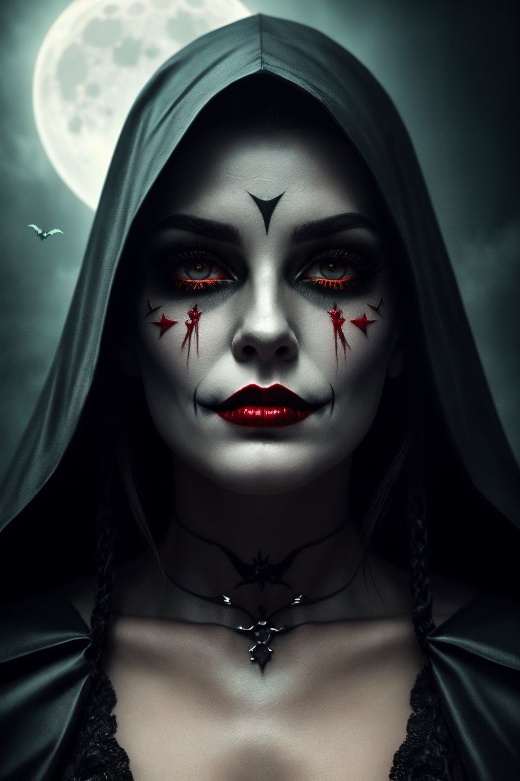 (highres:1.2), (realistic:1.37), (vivid colors), halloween, witcher, vampire, demon, blade demon, spooky, creepy, dangers, close-up, portrait, detailed eyes, detailed lips, long eyelashes, glowing eyes, pale complexion, dark atmosphere, mystical aura, gothic style, haunting expression, sinister smile, mysterious shadows, eerie lighting, foggy background, dramatic angle, mystical powers, enchanted forest, moonlit night, blood-red lips, pointed fangs, black cloak, haunting presence, intense gaze.