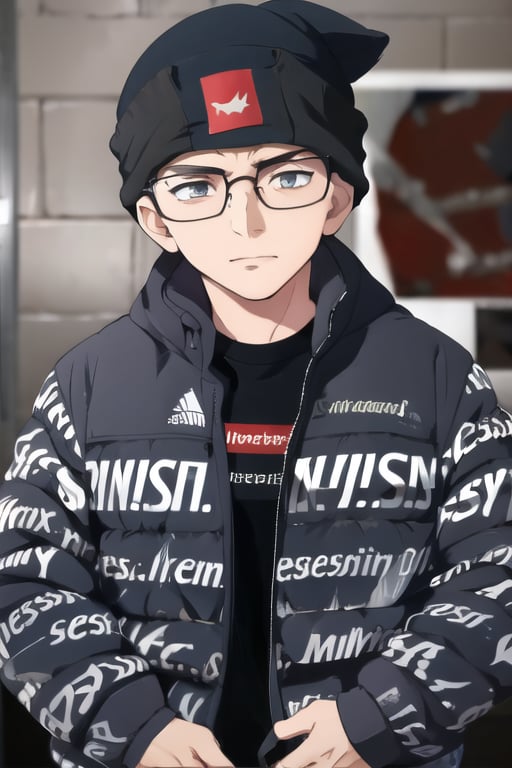 man,  glasses and beanie,  drip jacket,  drip jacket, <lora:EMS-60214-EMS:1.000000>, , <lora:EMS-12254-EMS:0.800000>