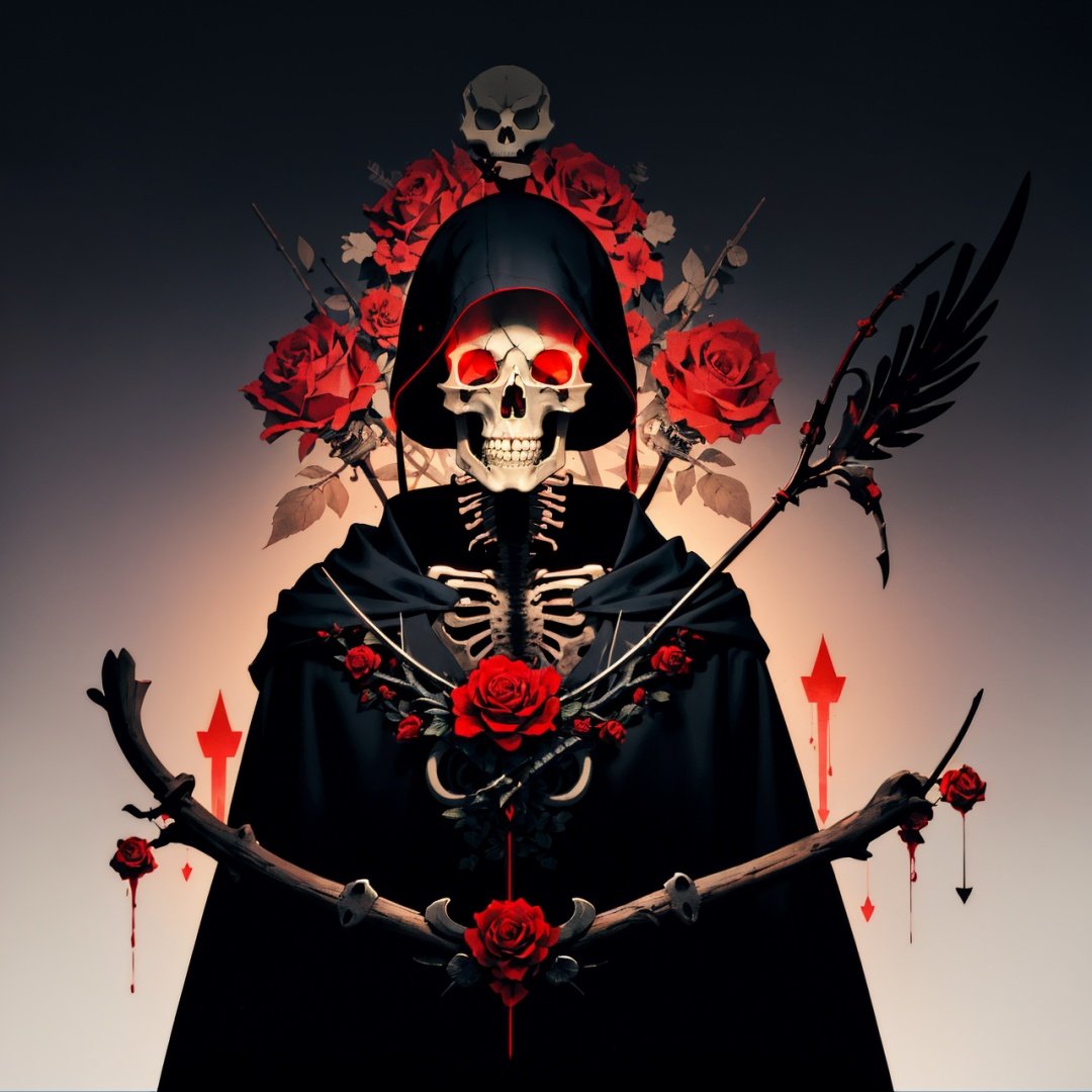 flower, skull, blood, rose, arrow \, projectile\, animal, red flower, owl, gradient, no humans, gradient background, weapon, skeleton, solo