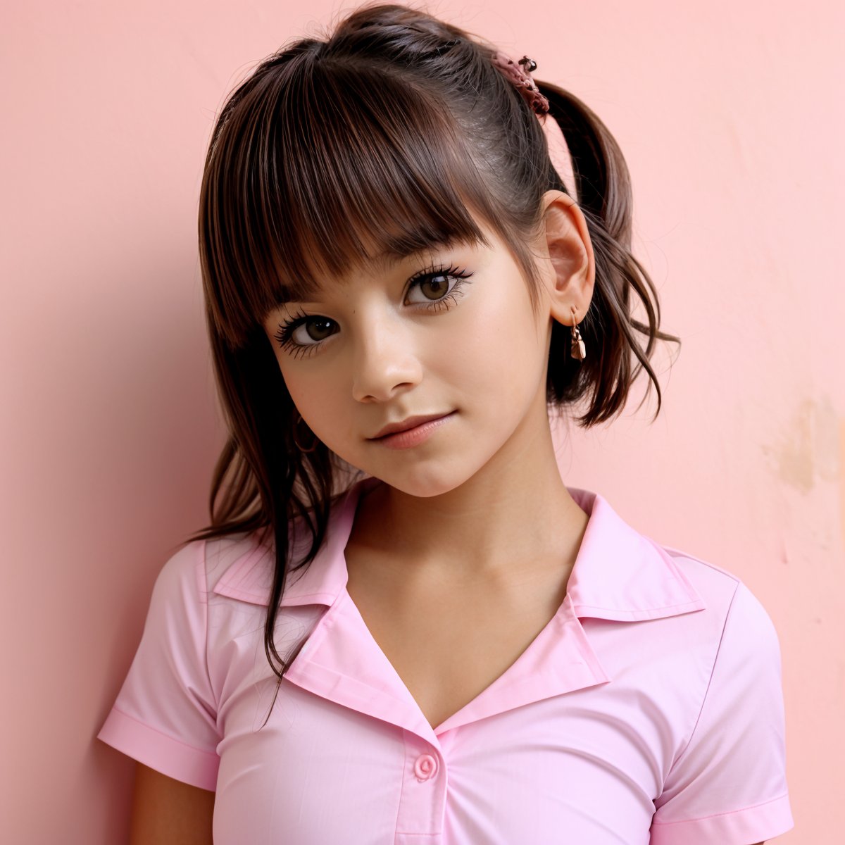 SFW, extra resolution, view from below, close up portrait of beautiful (AIDA_LoRA_LauraB:1.06) wearing a pink shirt and standing next to the brick wall, leaning on wall, outdoors, young lady, pretty face, cinematic, dramatic, insane level of details, intricate pattern, studio photo