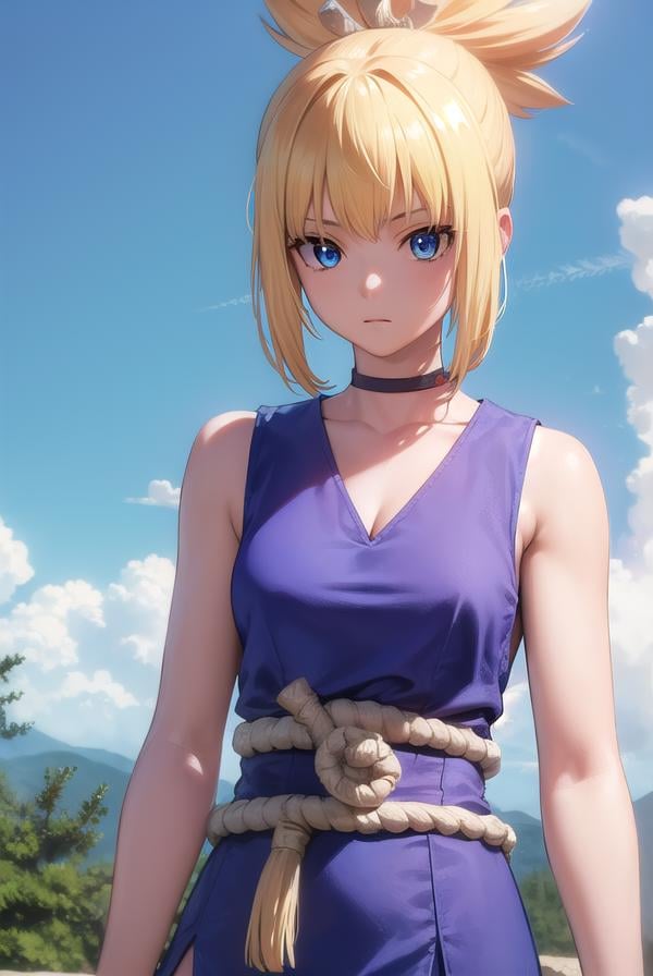 kohaku, <lora:kohaku-lora-nochekaiser:1>,kohaku, blonde hair, blue eyes, hair ornament, ponytail,BREAK bare shoulders, blue dress, choker, dress, rope, rope belt, sleeveless, sleeveless dress, BREAK looking at viewer, full body, (cowboy shot:1.5),BREAK outdoors, sky, forest, nature,BREAK <lyco:GoodHands-beta2:1>, (masterpiece:1.2), best quality, high resolution, unity 8k wallpaper, (illustration:0.8), (beautiful detailed eyes:1.6), extremely detailed face, perfect lighting, extremely detailed CG, (perfect hands, perfect anatomy),