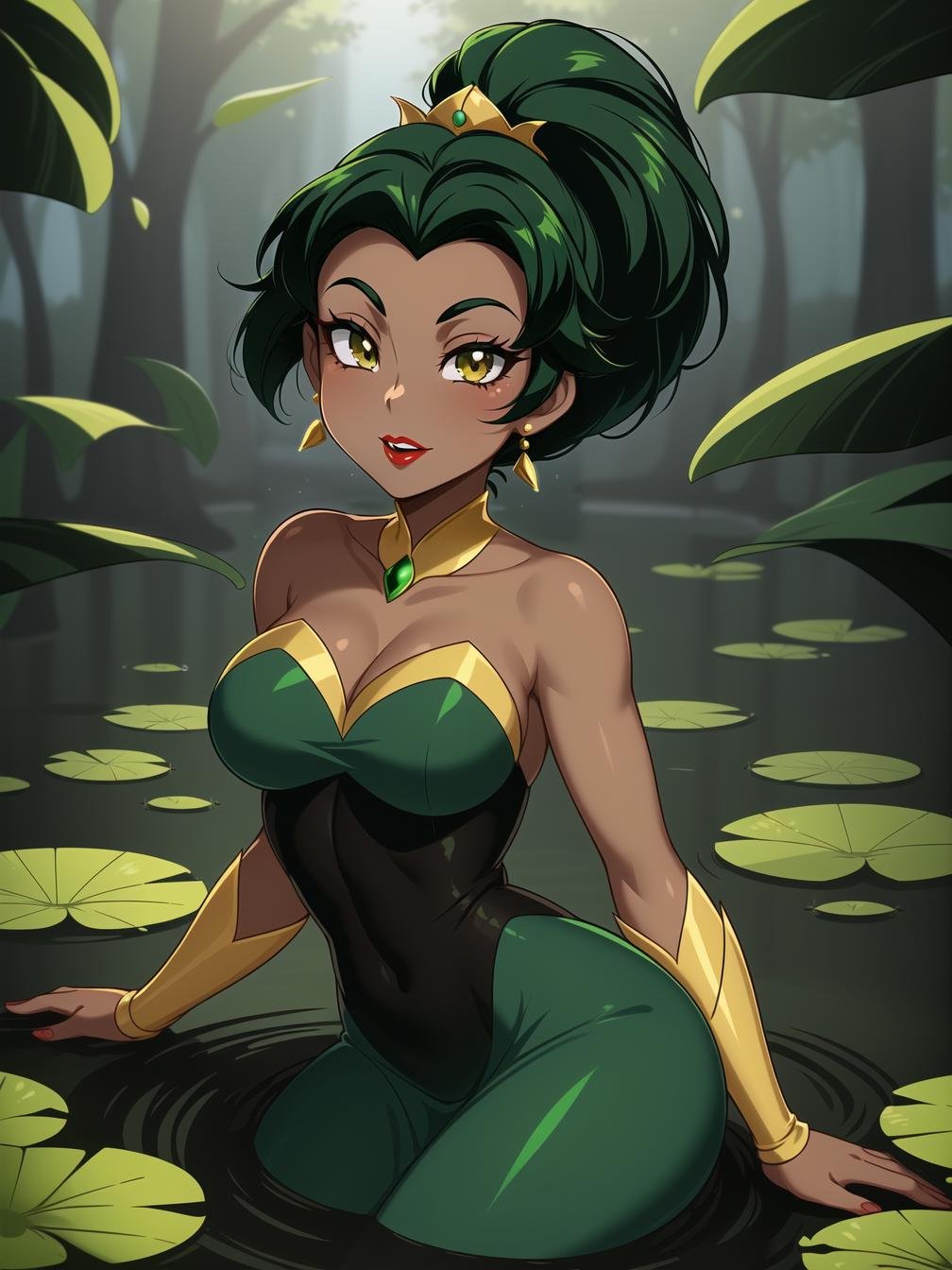 (masterpiece, best quality:1.2), 1girl, solo, (tiana:1.1), from disney's the princess and the frog, (dark skin, dark-skinned female:1.1), green and yellow, black hair, green lily pad dress, tiara, ponytail, red lips, light brown eyes