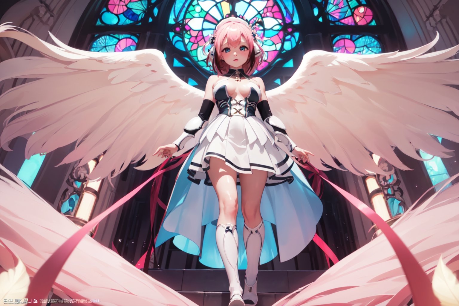 (masterpiece, incredibly absurdres, highres, best quality, official art, beautiful and aesthetic:1.2), one girl, angel Descending, (kaleidoscope:1.2), stained glass, Greek, front view, from below, full body, (angel feather wings), (happy), (vivid), floating colorful feather,  ,  pink highlight,ikaros