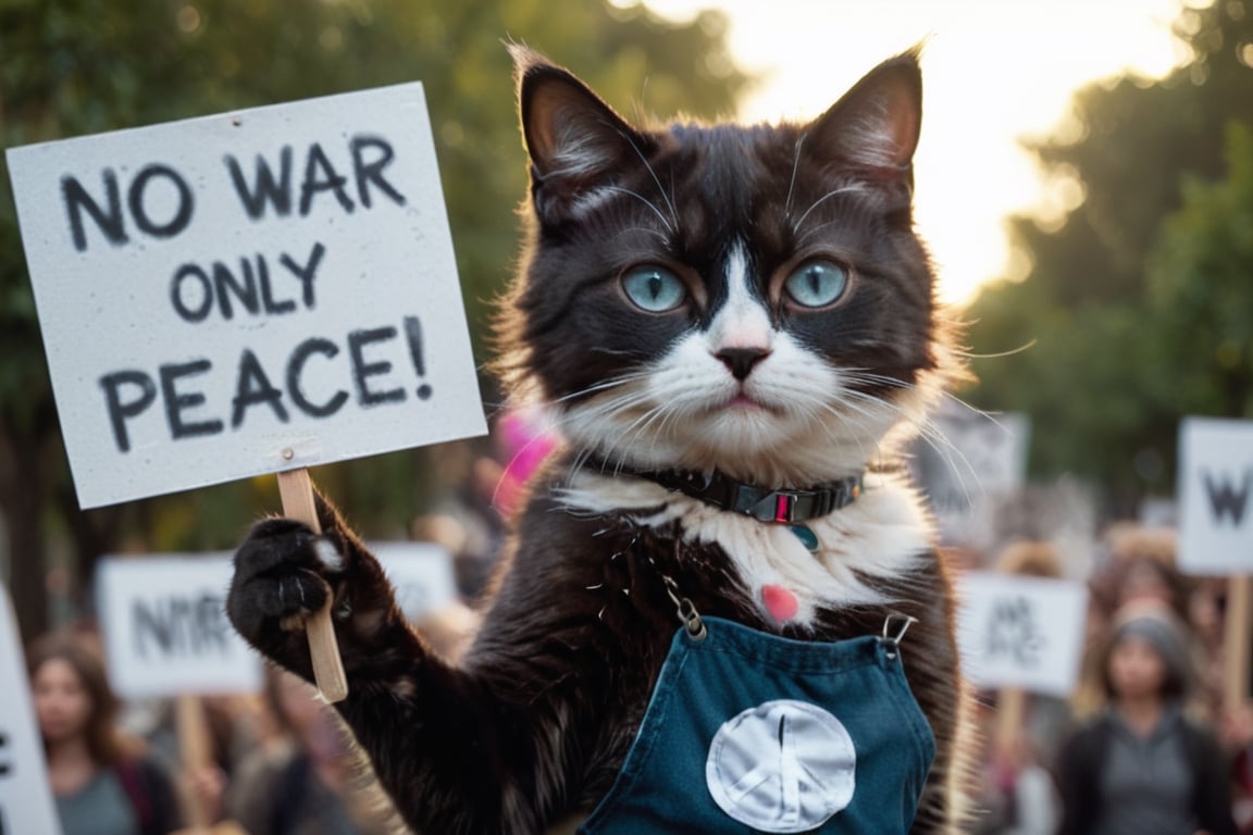 cinematic film still a activist cat rally, protesting against war, making a peace sign, holding a sign text:("No War only peace") ,paws , other cat activists in the background,shallow depth of field, vignette, highly detailed, high budget, bokeh, cinemascope, moody, epic, gorgeous, film grain, grainy, high quality photography, 3 point lighting, flash with softbox, 4k, Canon EOS R3, hdr, smooth, sharp focus, high resolution, award winning photo, 80mm, f2.8, bokeh . professional, sleek, modern, minimalist, graphic, line art, vector graphics

