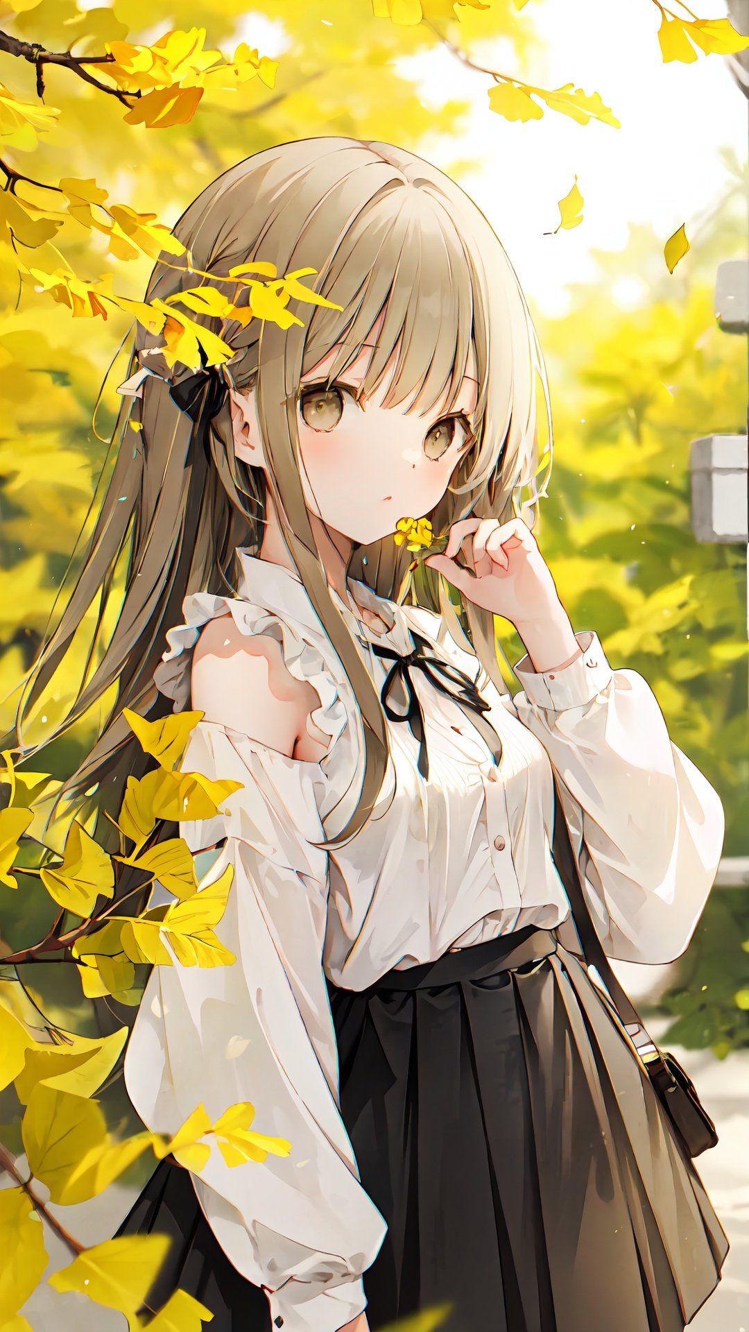 1girl, solo, holding leaf, long hair, ginkgo leaf, brown eyes, skirt, looking at viewer, holding, ribbon, hair ribbon, long sleeves, shirt, blurry, leaf, blurry background, bangs, off shoulder, brown skirt, black ribbon, brown hair, blush, depth of field, white shirt, hand up, autumn leaves, black shirt