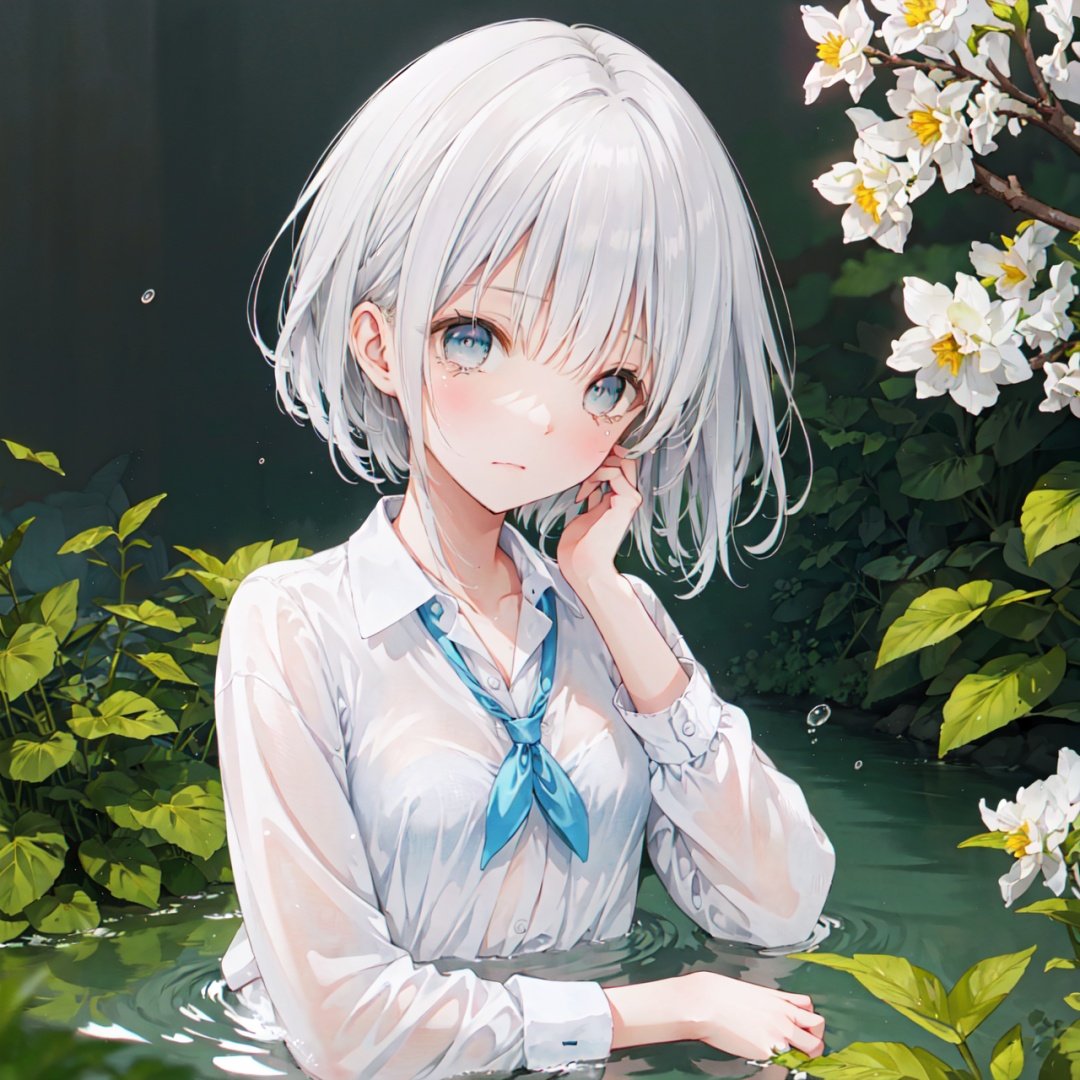 Gypsophila paniculata L.,Gypsophila paniculata L., best quality, (chromatic aberration), (beautiful young female:1.4), (streaming tears), sad, looking at viewer, partially submerged, both hands on own cheek, {see-through long shirt},,{no bra} , (white hair, short hair, bangs:1.2), (glowing eyes), ripples, dark water, black background, (prismatic),