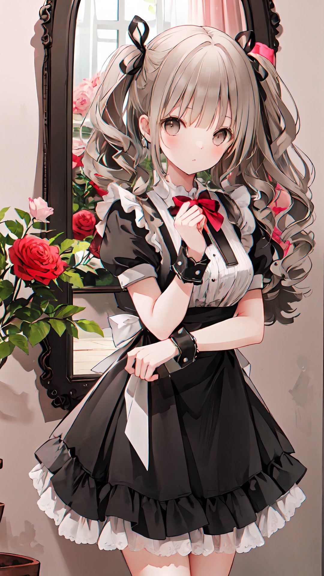 1girl, flower, rose, vase, long hair, short sleeves, mirror, ribbon, solo, hair ribbon, pink flower, dress, blush, reflection, puffy short sleeves, bangs, black dress, brown eyes, wrist cuffs, apron, black ribbon, pink rose, petals, two side up, looking at viewer, maid, puffy sleeves, breasts, indoors, white apron, brown hair, bow, twintails, bottle, closed mouth, collared dress, blurry, frills, picture frame, sidelocks, bowtie