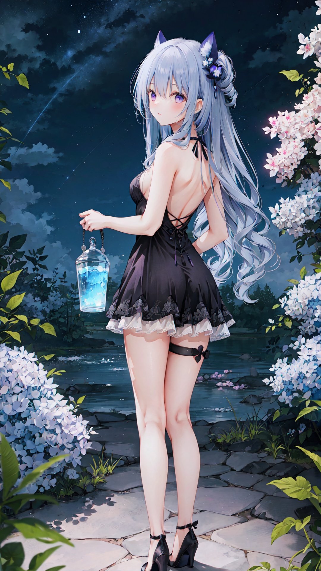 1girl, dress, long hair, high heels, breasts, solo, thigh strap, black dress, looking at viewer, full body, purple hair, looking back, hair ornament, ass, purple eyes, backless dress, backless outfit, from behind, standing, hair between eyes, legs, bare shoulders, sideboob, black footwear, bangs, very long hair, bare legs, sleeveless dress, starry sky print, thighs, leaning forward, sleeveless, ribbon, halter dress, bare arms, halterneck, artist name, blue hair, multicolored hair, kneepits, medium breasts