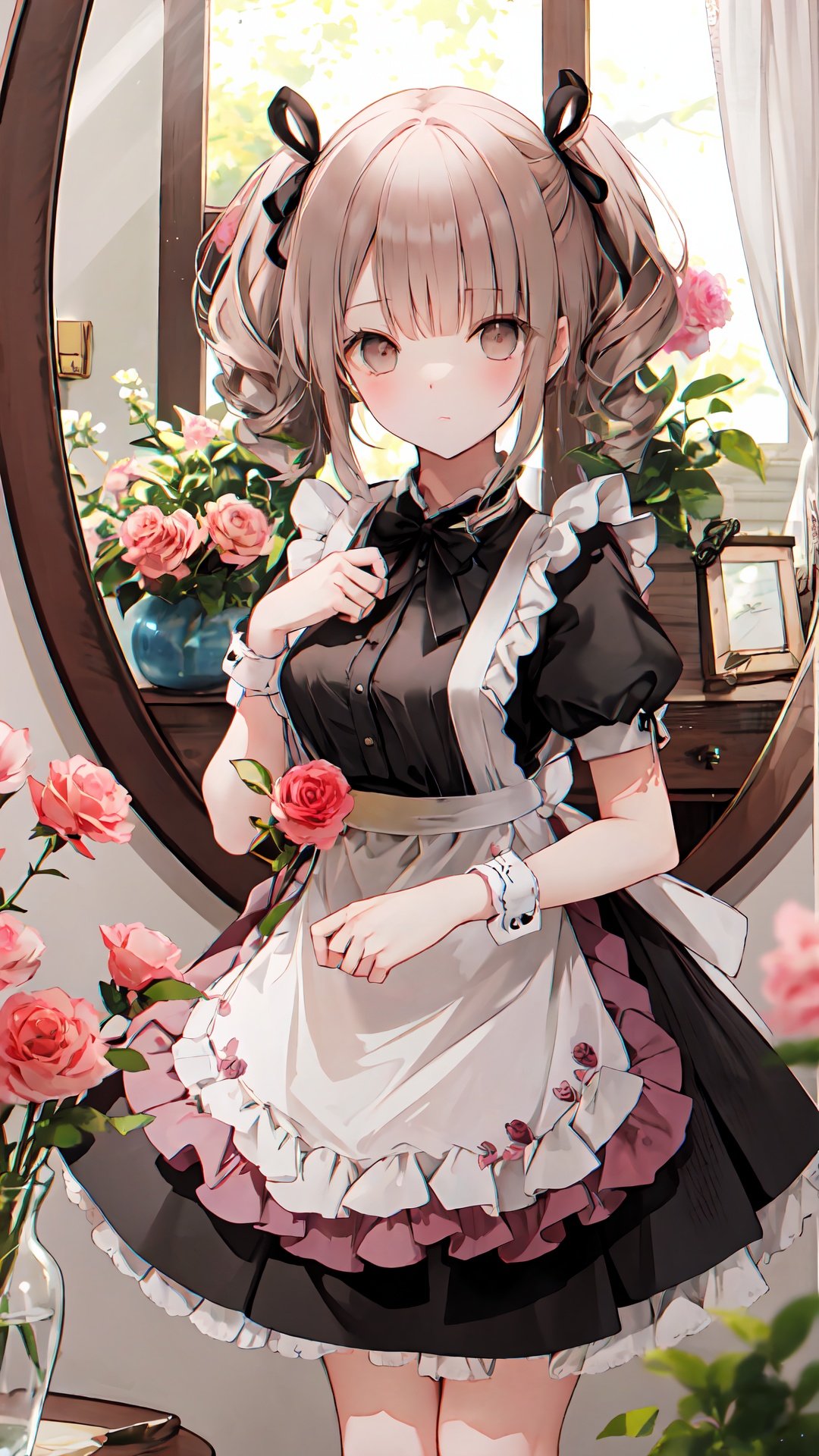 1girl, flower, rose, vase, long hair, short sleeves, mirror, ribbon, solo, hair ribbon, pink flower, dress, blush, reflection, puffy short sleeves, bangs, black dress, brown eyes, wrist cuffs, apron, black ribbon, pink rose, petals, two side up, looking at viewer, maid, puffy sleeves, breasts, indoors, white apron, brown hair, bow, twintails, bottle, closed mouth, collared dress, blurry, frills, picture frame, sidelocks, bowtie