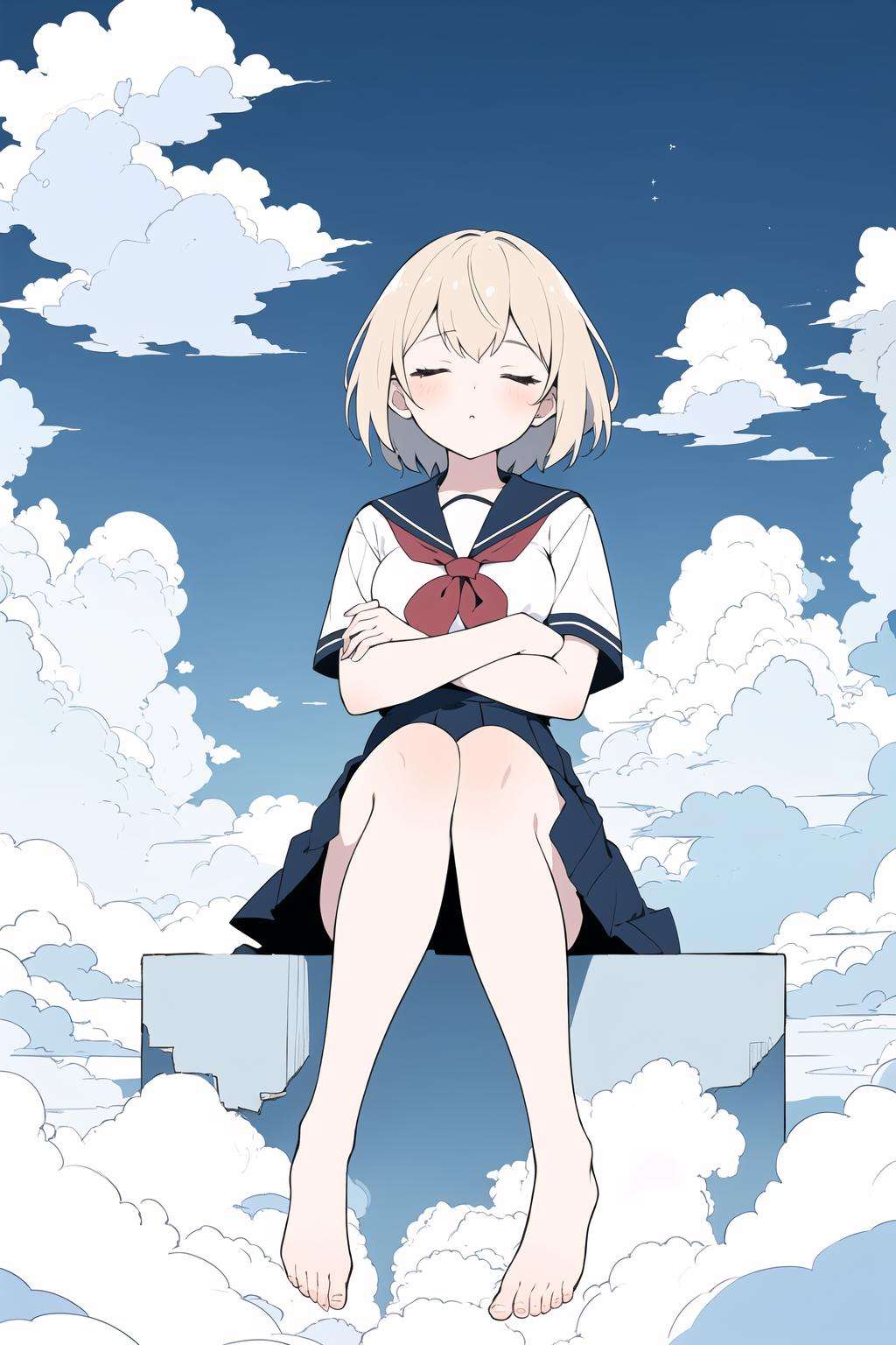 1girl, sleep, relaxed, closed eyes, tilt head, breasts, crossed arms, (beige hair, short hair),(dark blue school uniform, dark blue skirt, barefoot),(beautiful detailed sky, blue sky, above the clouds), (sitting on clouds), wind, full body, wide shot,(flat color:1.2), (best quality, masterpiece:1.2, highres, hyper detailed), lineart