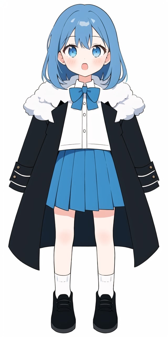 1girl, simple background, (white background:1.5), multiple views,open-mouth,Blue hair,black long suit jacket,white pleated skirt,White socks